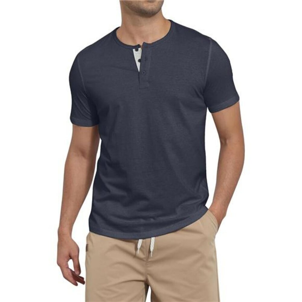 Casual Henley Shirt Men Short Sleeve Cotton Tee